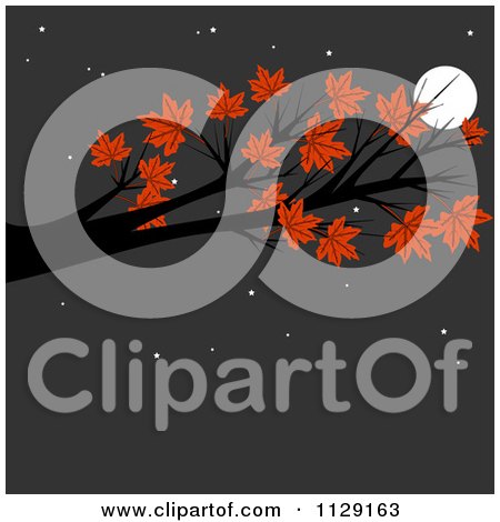 Cartoon Of An Autumn Maple Tree Branch Against A Full Moon And Night Sky - Royalty Free Clipart by djart
