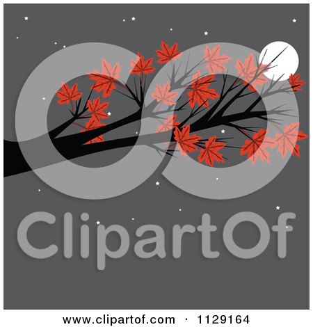 Cartoon Of An Autumn Maple Tree Branch Against A Full Moon And Gray Night Sky - Royalty Free Vector Clipart by djart