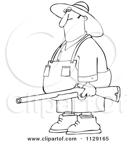 Cartoon Of An Outlined Redneck Hillbilly Man Carrying A Rifle - Royalty Free Vector Clipart by djart
