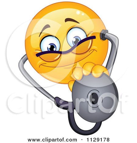 Cartoon Of A Yellow Emoticon Smiley Doctor Holding Out A Stethoscope - Royalty Free Vector Clipart by yayayoyo