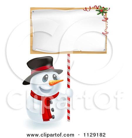 Cartoon Of A Happy Christmas Snowman Holding Up A Festive Sign - Royalty Free Vector Clipart by AtStockIllustration