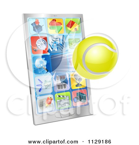 Clipart Of A 3d Tennis Ball Flying Through And Breaking A Smart Phone Screen - Royalty Free Vector Illustration by AtStockIllustration