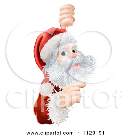 Cartoon Of A Jolly Santa Pointing To A Christmas Sign - Royalty Free Vector Clipart by AtStockIllustration
