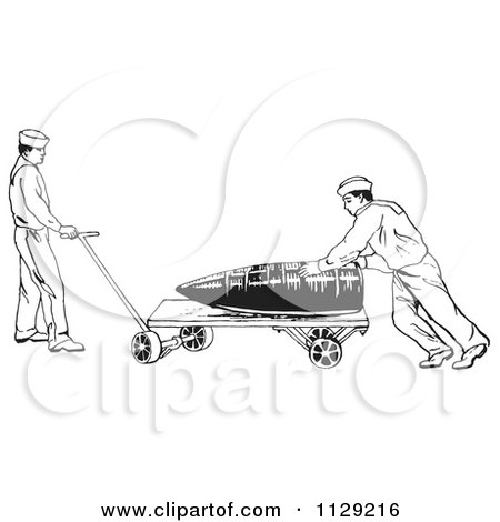 Clipart Of Retro In U.S. Navy Sailors Hauling A Large Shell Black And White - Royalty Free Vector Illustration by Picsburg