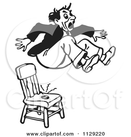 Cartoon Of A Black And White Retro Surprised Pranked Man Jumping Out Of A Shock Chair - Vector Clipart by Picsburg