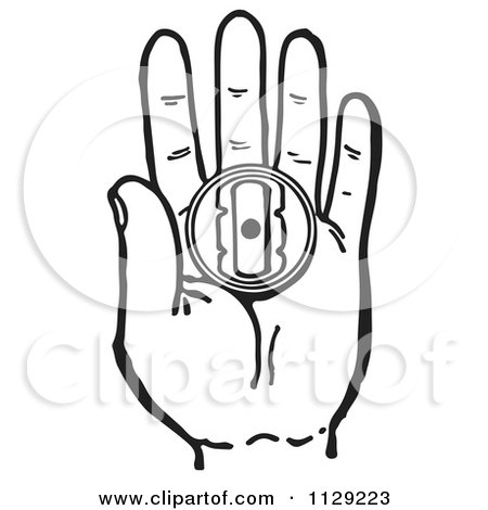Cartoon Of A Black And White Retro Hand Holding A Prank Buzzer Toy - Vector Clipart by Picsburg