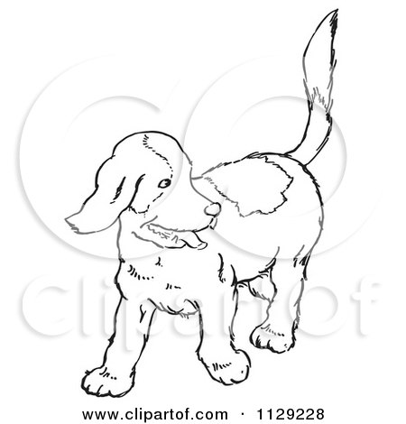Cartoon Clipart Of An Outlined Happy Puppy Looking Back - Black And White Vector Coloring Page by Picsburg