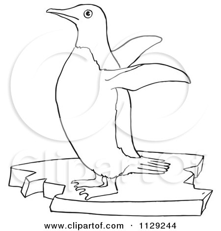 Cartoon Clipart Of An Outlined Cute Penguin Flapping Its Wings - Black And White Vector Coloring Page by Picsburg