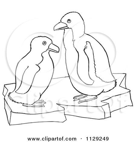 Cartoon Clipart Of Outlined Cute Baby Penguins On Ice - Black And White Vector Coloring Page by Picsburg