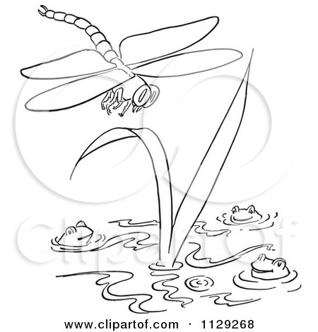 Cartoon Clipart Of An Outlined Dragonfly Over Frogs In A Pond - Black And White Vector Coloring Page by Picsburg