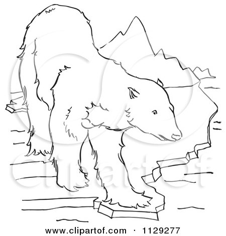 Cartoon Clipart Of An Outlined Polar Bear On An Ice Ledge Near Mountains - Black And White Vector Coloring Page by Picsburg