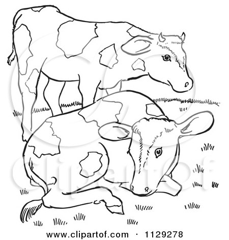 Cartoon Clipart Of Outlined Farm Cows On A Hill - Black And White Vector Coloring Page by Picsburg