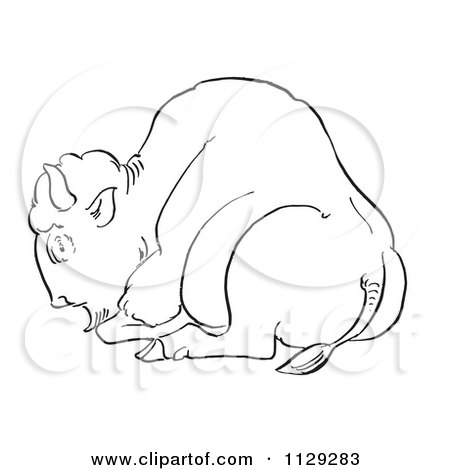 Cartoon Clipart Of An Outlined Resting Bison - Black And White Vector Coloring Page by Picsburg