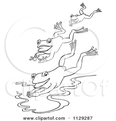 Cartoon Clipart Of An Outlined Trio Of Frogs Jumping Into A Pond - Black And White Vector Coloring Page by Picsburg