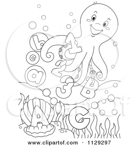 Cartoon Of An Outlined Happy Octopus With Letters And Numbers - Royalty Free Vector Clipart by BNP Design Studio