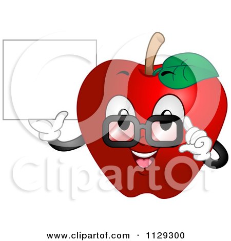 Cartoon Of An Apple Mascot Wearing Glasses And Holding A Sign - Royalty Free Vector Clipart by BNP Design Studio