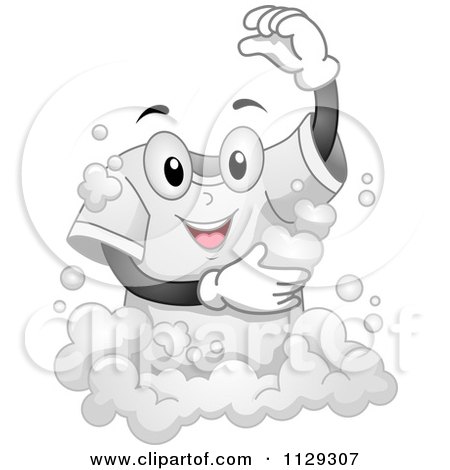 Cartoon Of A Happy Shirt Mascot Washing Itself - Royalty Free Vector Clipart by BNP Design Studio