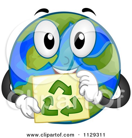 Cartoon Of A Happy Earth Mascot Holding A Recycle Sign - Royalty Free Vector Clipart by BNP Design Studio