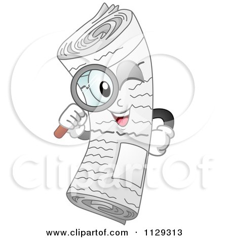 Cartoon Of A Newspaper Mascot Searching With A Magnifying Glass - Royalty Free Vector Clipart by BNP Design Studio