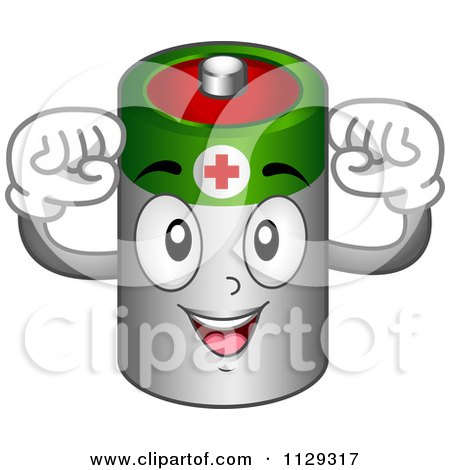 Cartoon Of A Strong Battery Mascot Flexing His Arms - Royalty Free Vector Clipart by BNP Design Studio