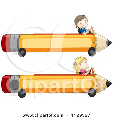 Cartoon Of Happy Children In Pencil Carts - Royalty Free Vector Clipart by BNP Design Studio