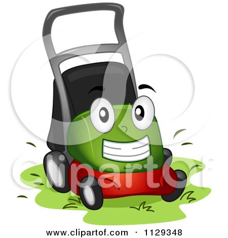 Cartoon Of A Lawn Mower Mascot At Work - Royalty Free Vector Clipart by BNP Design Studio