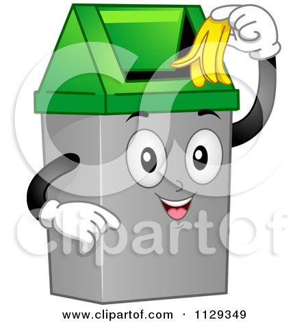 Cartoon Of A Happy Trash Can Mascot Inserting A Banana Peel - Royalty Free Vector Clipart by BNP Design Studio