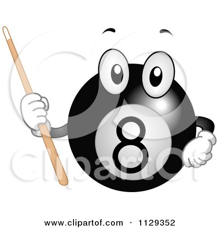Cartoon Of A Billiards Eight Ball Mascot Holding A Cue Stick - Royalty Free Vector Clipart by BNP Design Studio