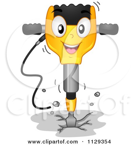 Cartoon Of A Happy Jackhammer Mascot Breaking Up Cement - Royalty Free Vector Clipart by BNP Design Studio