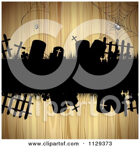 Clipart Of Halloween Tombstones With Spiders Over Wood - Royalty Free Vector Illustration by merlinul