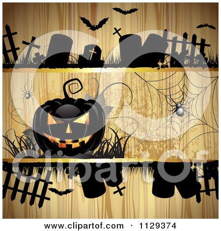 Clipart Of A Halloween Jackolantern Pumpkin And Tombstones With Spiders Over Wood - Royalty Free Vector Illustration by merlinul