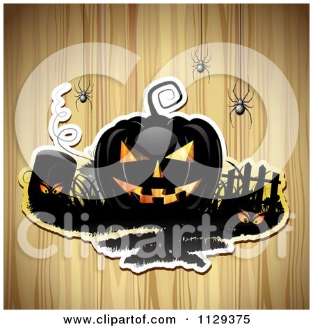 Clipart Of A Halloween Jackolantern Pumpkin And Tombstone With Eyes And Spiders Over Wood 2 - Royalty Free Vector Illustration by merlinul
