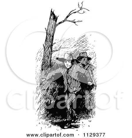 Clipart Of Retro Vintage Black And White Boys Hiking Outdoors - Royalty Free Vector Illustration by Prawny Vintage