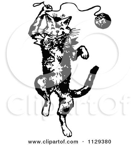 Clipart Of A Retro Vintage Black And White Cat Playing With Yarn - Royalty Free Vector Illustration by Prawny Vintage