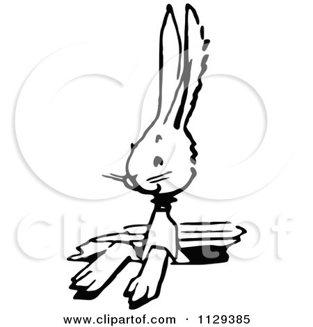 Clipart Of A Retro Vintage Black And White Bunny In A Hole - Royalty Free Vector Illustration by Prawny Vintage