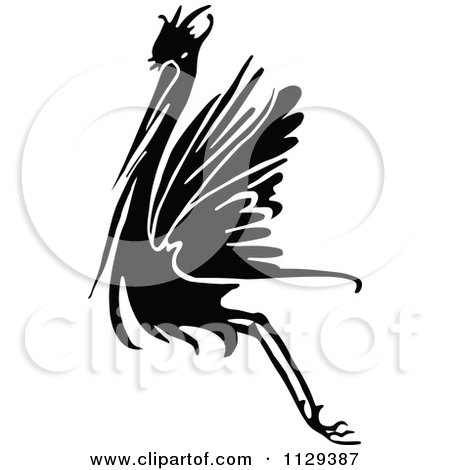 Clipart Of A Retro Vintage Black And White Flying Stork - Royalty Free Vector Illustration by Prawny Vintage