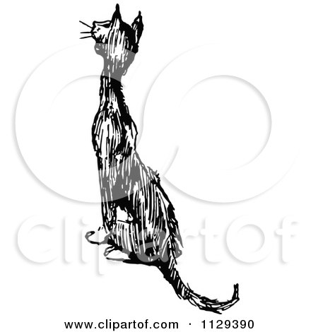 Clipart Of A Retro Vintage Black And White Cat Meowing And Sitting - Royalty Free Vector Illustration by Prawny Vintage
