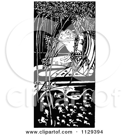 Clipart Of A Retro Vintage Black And White Frog And Tadpoles In A Pond - Royalty Free Vector Illustration by Prawny Vintage