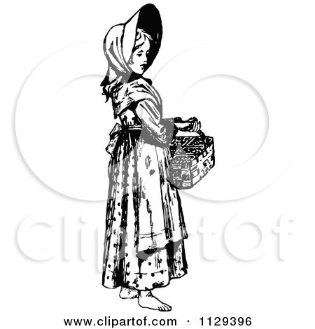 Clipart Of A Retro Vintage Black And White Barefoot Girl Carrying A Picnic Basket - Royalty Free Vector Illustration by Prawny Vintage