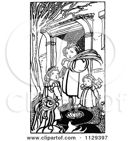 Clipart Of Retro Vintage Black And White Children In A Courtyard - Royalty Free Vector Illustration by Prawny Vintage