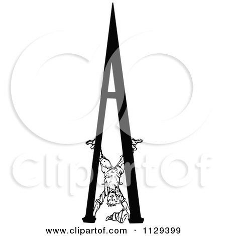 Clipart Of A Retro Vintage Black And White Boy Doing A Hand Stand On The Letter A - Royalty Free Vector Illustration by Prawny Vintage