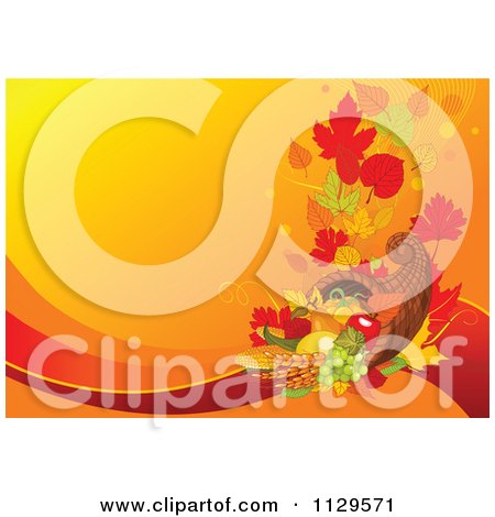 Cartoon Of A Horn Of Plenty Cornucopia Thanksgiving Background With Orange Copyspace - Royalty Free Vector Clipart by Pushkin