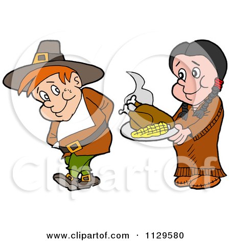 Cartoon Of A Native American Woman Serving A Pilgrim Thanksgiving Turkey - Royalty Free Vector Clipart by LaffToon