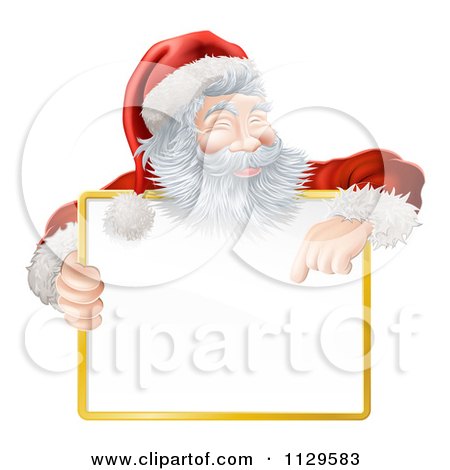 Clipart Of A Happy Santa Smiling Holding And Pointing Down At A Sign - Royalty Free Vector Illustration by AtStockIllustration