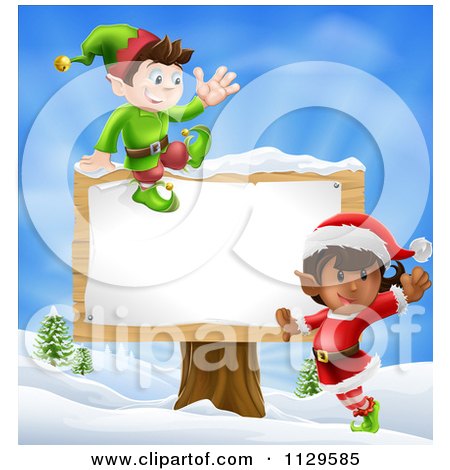 Cartoon Of Happy Christmas Elves By A Wooden Sign In A Winter Landscape - Royalty Free Vector Clipart by AtStockIllustration