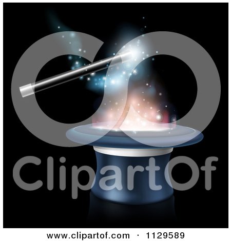 Clipart Of A Magic Wand And Sparkles Over A Top Hat On Black - Royalty Free Vector Illustration by AtStockIllustration