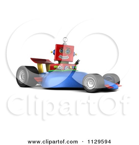 Clipart Of A 3d Red Robot Waving And Driving A Race Car - Royalty Free CGI Illustration by stockillustrations