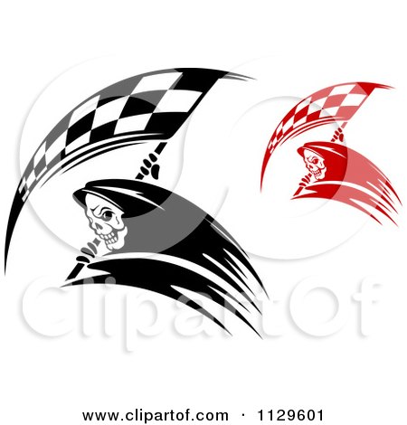 Clipart Of Black And White And Red Grim Reapers With Racing Flag Scythes - Royalty Free Vector Illustration by Vector Tradition SM