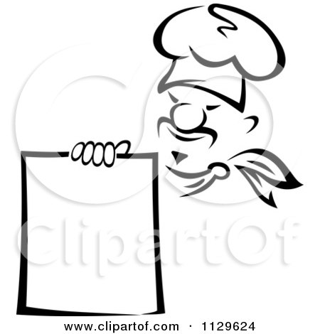 Clipart Of A Black And White Happy Chef Holding A Menu 2 - Royalty Free Vector Illustration by Vector Tradition SM