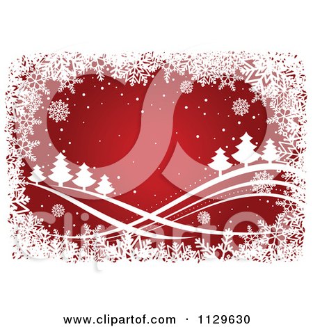 Clipart Of A Red Christmas Background With White Trees Waves And Snowflakes - Royalty Free Vector Illustration by Vector Tradition SM